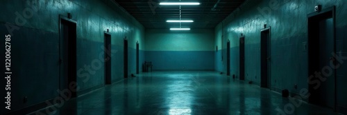 Prisoner's solitary confinement with only a faint light, sparse furniture, cell walls