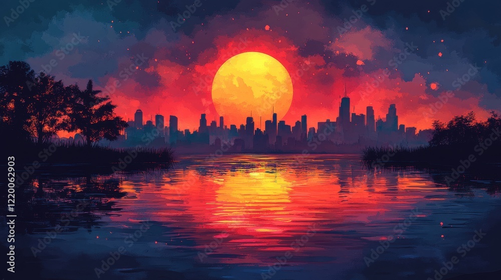 Obraz premium Neon Dreams: Watercolor Futuristic Cityscape with Vibrant Glowing Lights and High Contrast