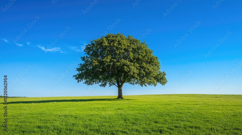 Fototapeta premium A lone, mature tree at the center of an endless green field, surrounded by soft grass and a clear blue sky above, capturing the essence of natural solitude and simplicity.