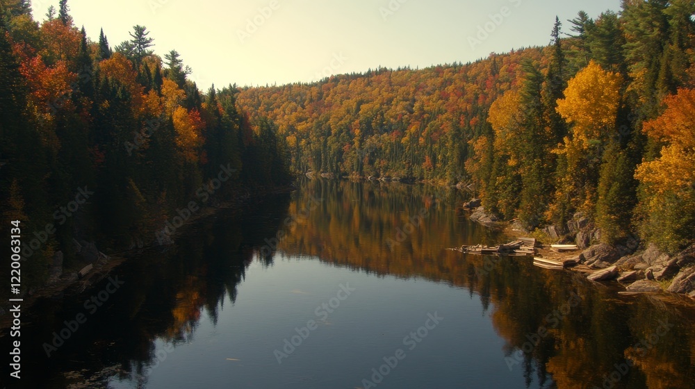 Autumnal River Reflection in Canadian Forest Autumnal River Reflection in Canadian Forest