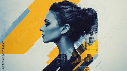 A stylized profile of a woman with urban elements and vibrant colors. photo