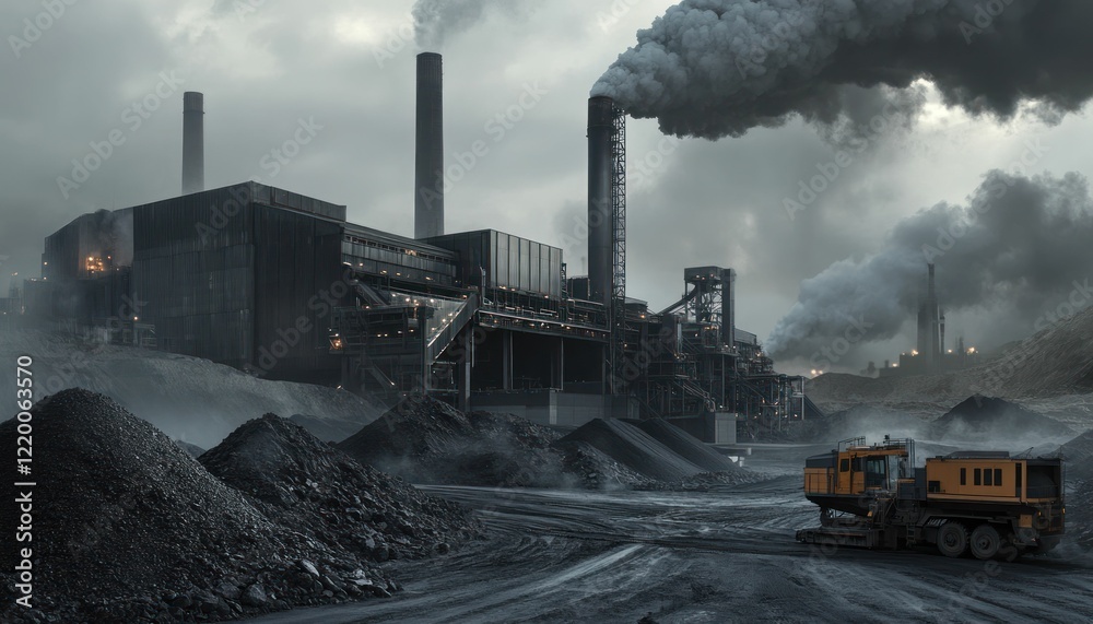 Fototapeta premium Industrial Landscape with Coal Processing Plant Emitting Heavy Smoke and a Mining Truck