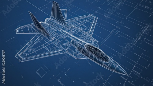 A blueprint-style illustration of a jet fighter showcasing its design and structure.