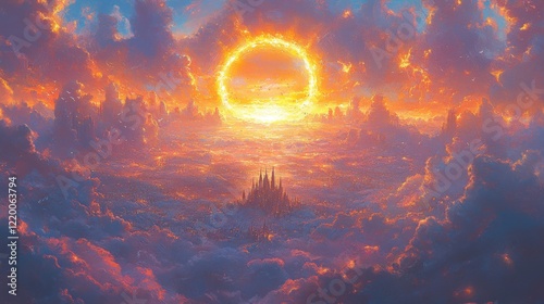 Enchanted Castle in the Clouds with Rainbow - Concept Art of Intricate Patterns and Magical Atmosphere