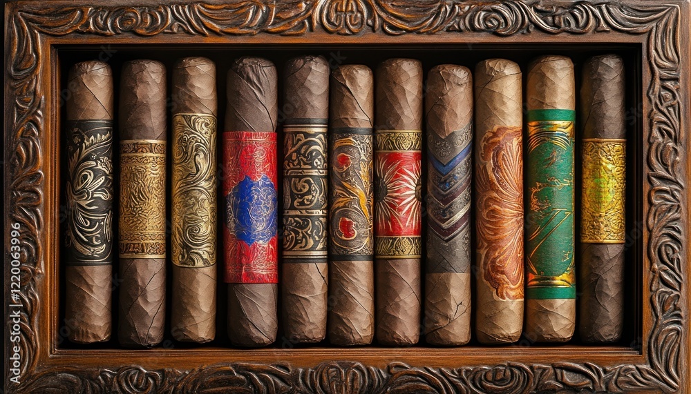 Exquisite Hand Rolled Cigars Displayed in an Ornate Wooden Box Exquisite Hand Rolled Cigars Displayed in an Ornate Wooden Box