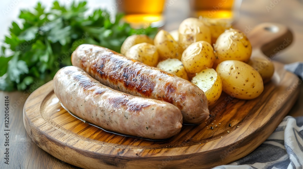 Wooden board with light brown and golden brown German sausages and large steamed potatoes. Generative AI Wooden board with light brown and golden brown German sausages and large steamed potatoes. Generative AI