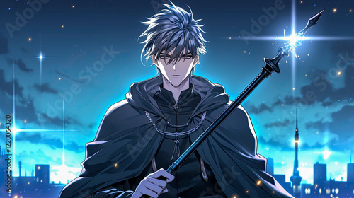 A brave anime boy in a cloak standing on a rooftop overlooking a city with a sword in hand ready for adventure photo