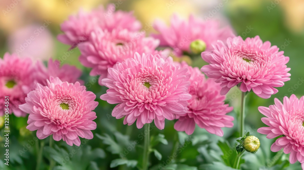 Obraz premium Close up of pink chrysanthemum flowers in soft focus, showcasing their delicate petals and vibrant color, creating serene and cheerful atmosphere