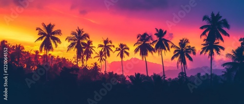 A vibrant sunset over palm trees, showcasing a serene tropical landscape.