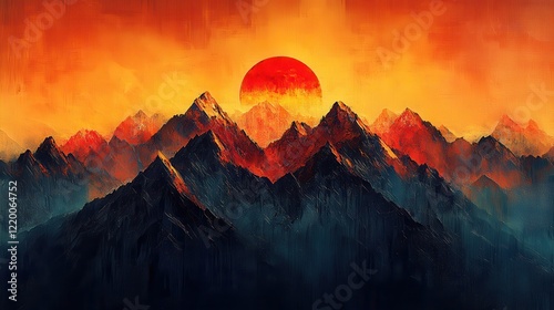 Majestic Sunrise Over Textured Mountain Range - Abstract Art