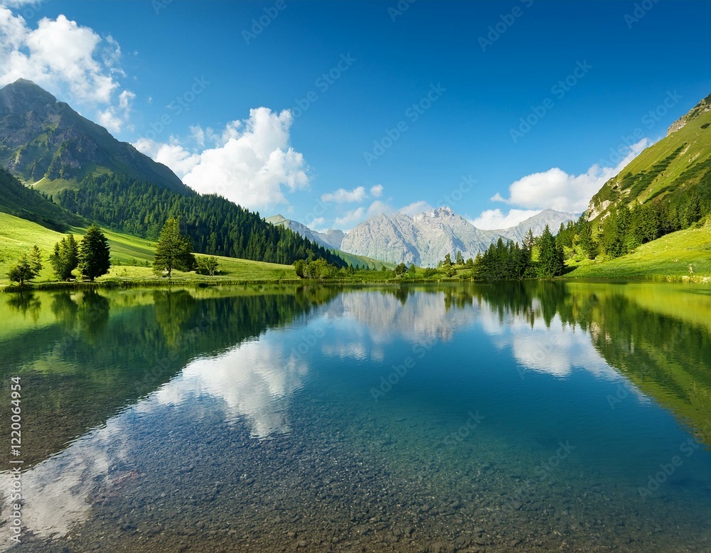 Naklejka premium 夏の湖に映る山と雲