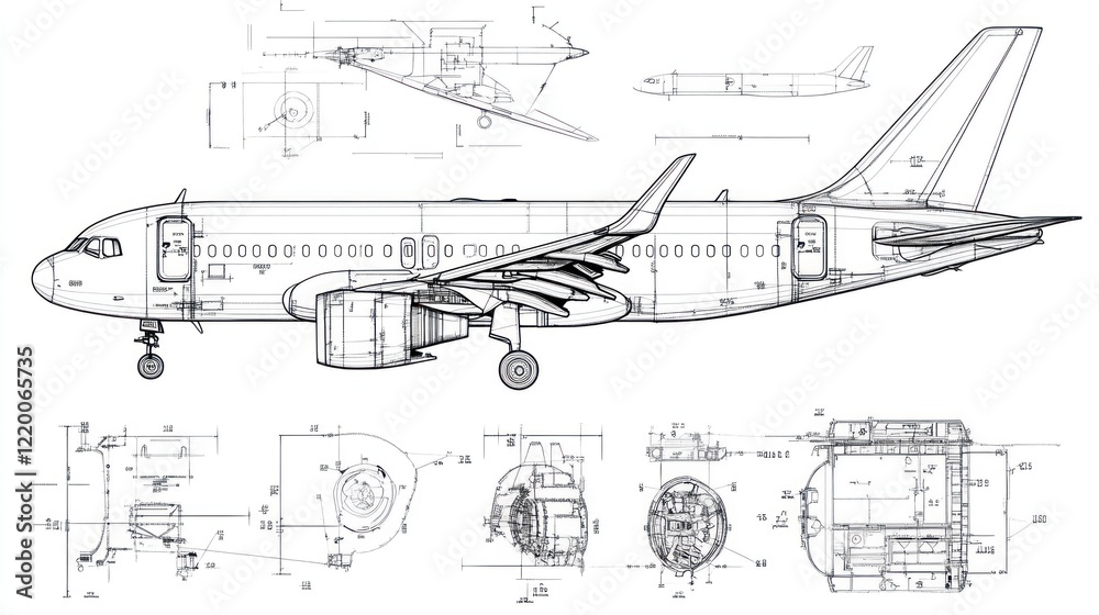 Technical blueprint of an aircraft showing detailed design and specifications. Technical blueprint of an aircraft showing detailed design and specifications.