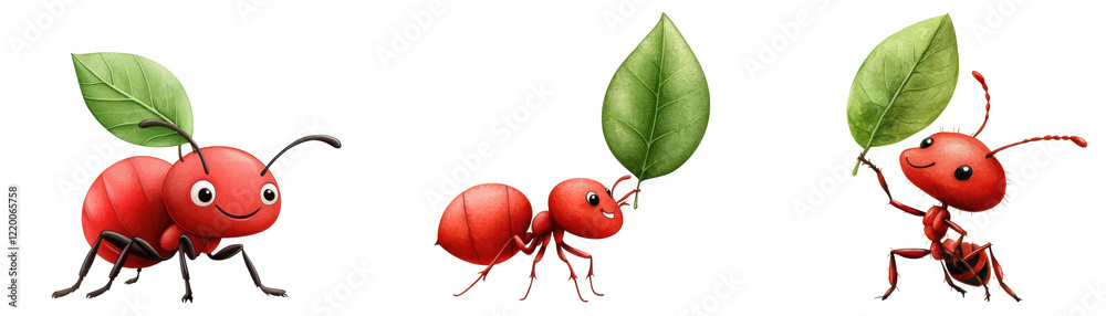 Fototapeta premium Cheerful red ants carrying green leaves, showcasing teamwork and determination