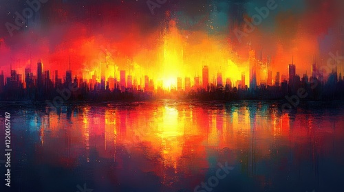 Neon Glow: Futuristic Cityscape in Oil Painting Style with High Contrast