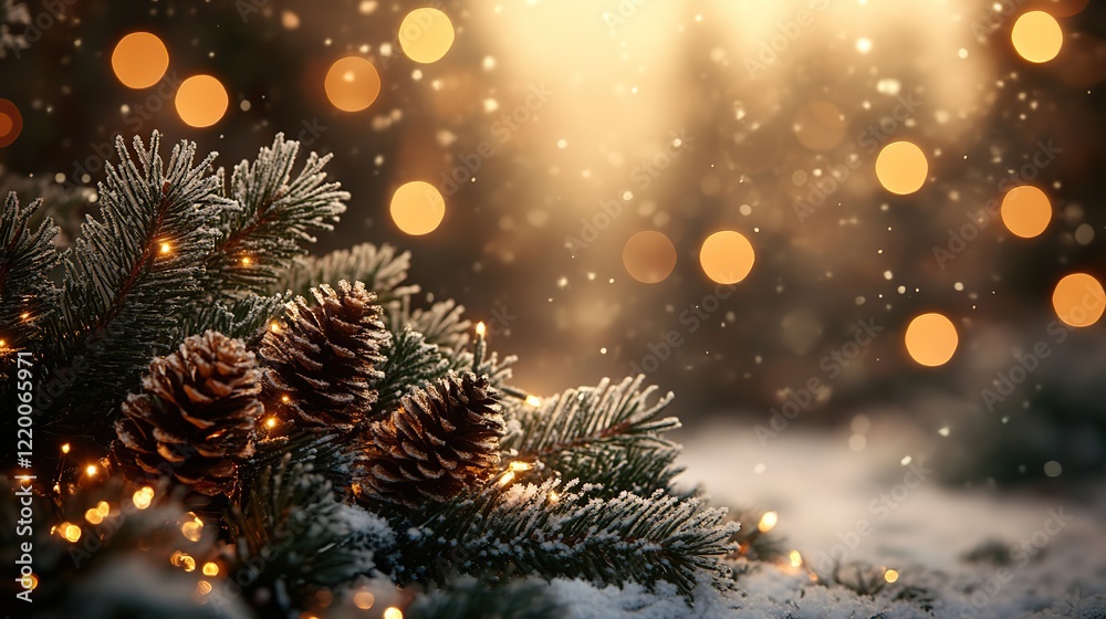 Festive background with snowy pine branch and warm lights, for greeting cards and holiday banners. Festive background with snowy pine branch and warm lights, for greeting cards and holiday banners.