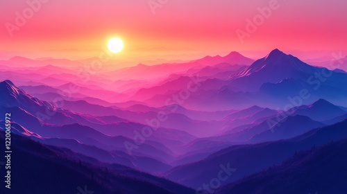 Majestic Mountain Range at Sunrise - Vibrant 3D Rendering with Bold Outlines