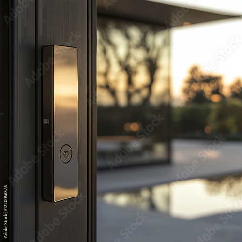 close up of modern door lock with sleek design, showcasing its metallic finish against blurred background of contemporary home at sunset. image conveys sense of security and elegance photo