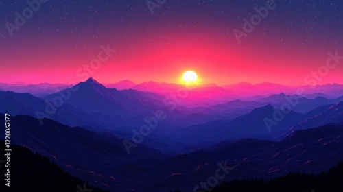 Serene Watercolor Sunrise over Majestic Mountain Range with Minimal Noise