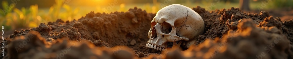 Skull emerging from opened grave soil in the morning sunlight, bone, natural illumination Skull emerging from opened grave soil in the morning sunlight, bone, natural illumination