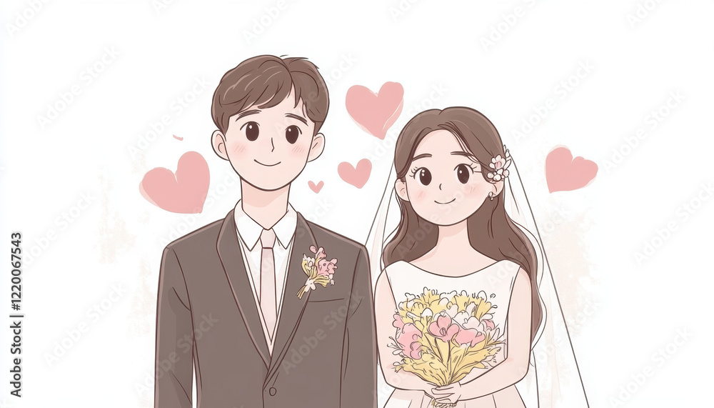 Cute cartoon wedding couple illustration with hearts and flowers, capturing joyful moment of love and celebration. Perfect for wedding invitations or romantic themes