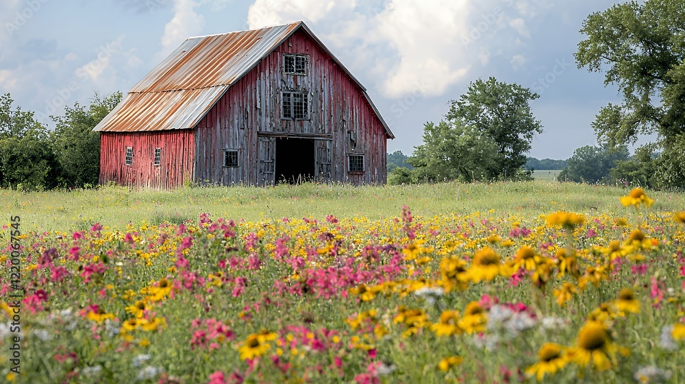 Rustic Red Barn in a Vibrant Wildflower Meadow Rustic Red Barn in a Vibrant Wildflower Meadow