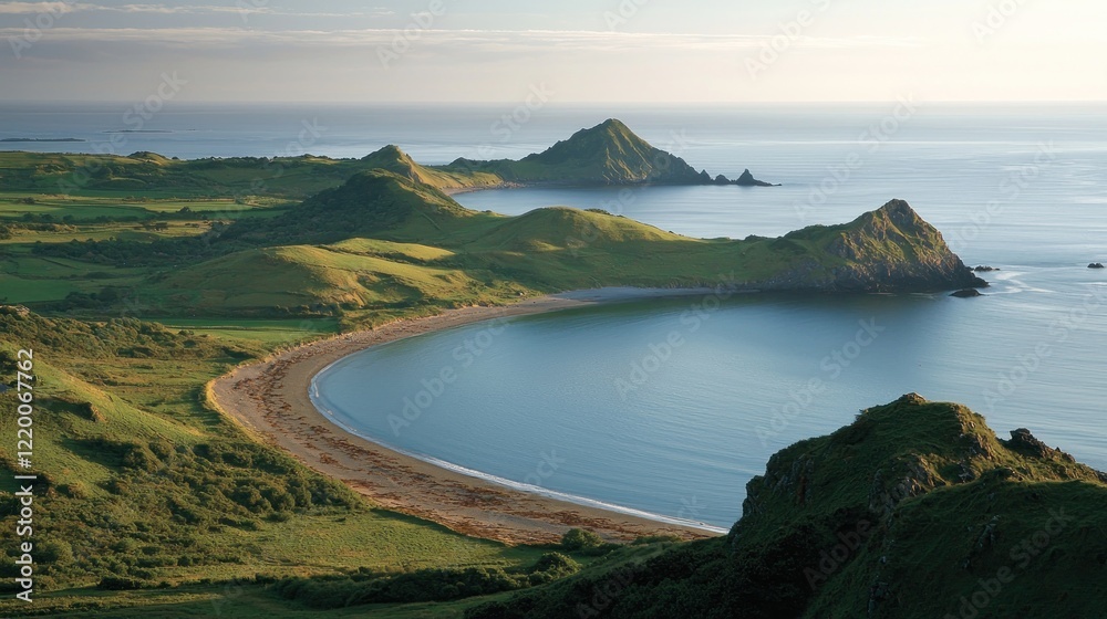 Coastal sunrise panorama, serene bay, green hills, calm sea, travel brochure Coastal sunrise panorama, serene bay, green hills, calm sea, travel brochure