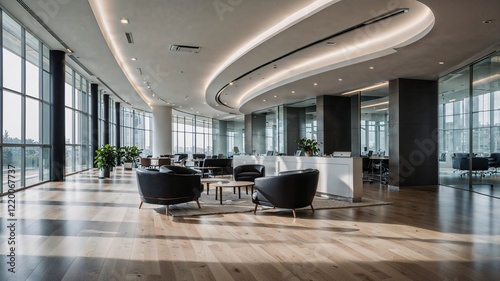 Modern Office Interior with Blurred Panoramic Windows View