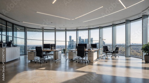Modern Office Interior with Blurred Panoramic Windows View