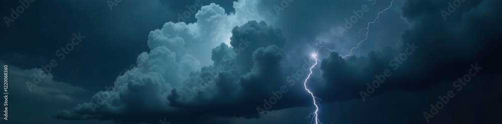 Fototapeta premium Dark grey clouds gather on a black background, heavy with water and electricity, stormy weather, ominous, lightning