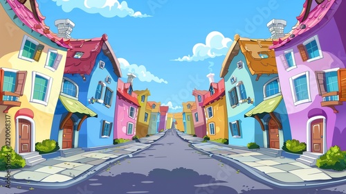 A cartoon illustration of a colorful town street with houses on either side.