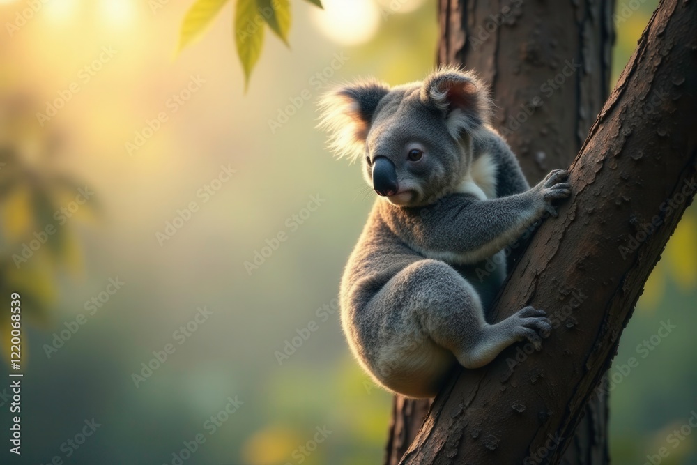 Fototapeta premium quiet koala rests on a branch of tall eucalyptus tree, misty morning light, misty, branch