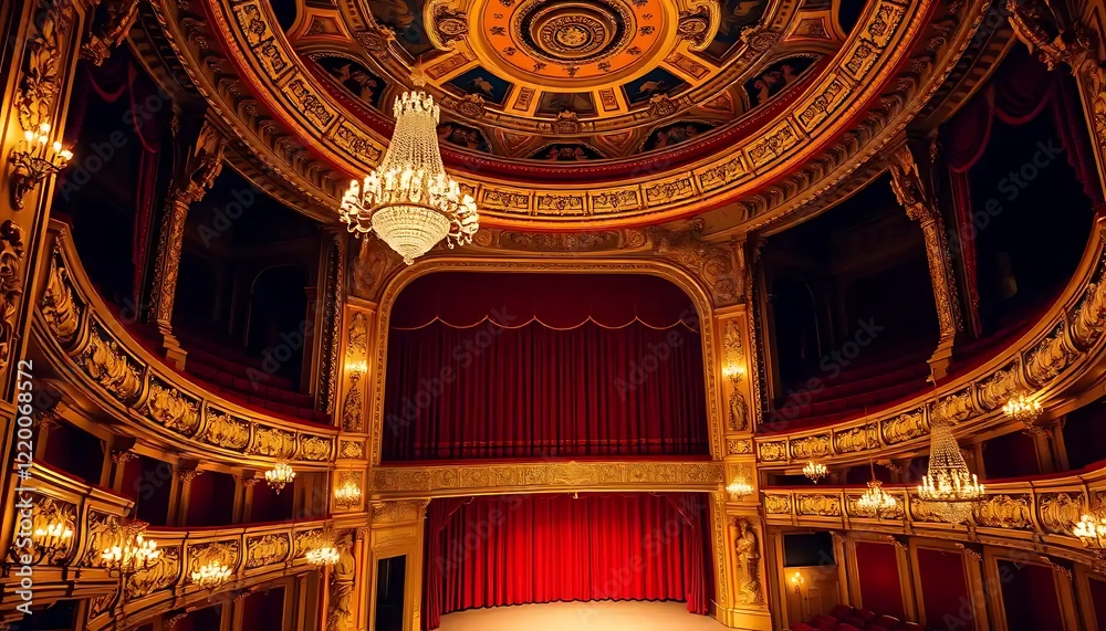 Fototapeta premium Ornate Golden Theater Interior With Red Curtains
