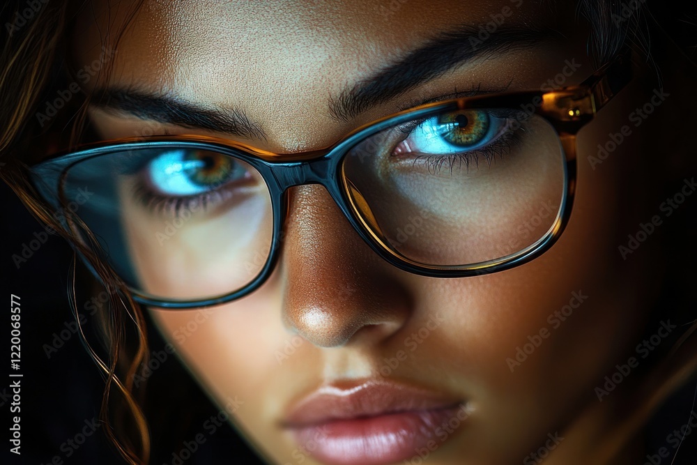 Focused woman wearing glasses working on computer late at night in dark office Focused woman wearing glasses working on computer late at night in dark office
