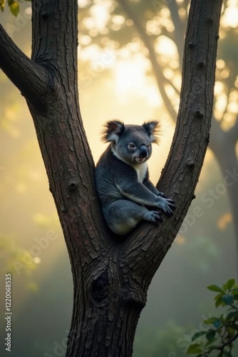 quiet koala rests on a branch of tall eucalyptus tree, misty morning light, eucalyptus, tree