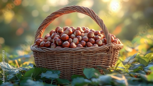 Wicker Basket Filled with Fresh Glossy Chestnuts Surrounded by Autumn Leaves in a Cozy Natural Harvest Scene photo