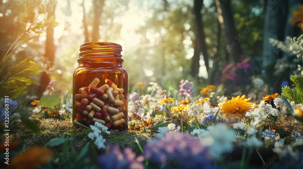glass jar filled with colorful capsules sits amidst vibrant wildflowers in sunlit forest. scene evokes sense of natural beauty and health glass jar filled with colorful capsules sits amidst vibrant wildflowers in sunlit forest. scene evokes sense of natural beauty and health