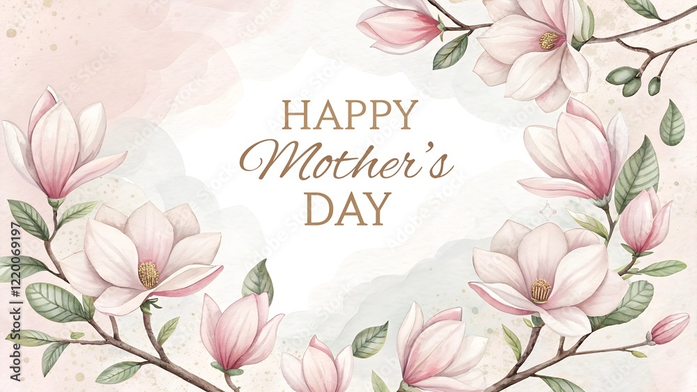 Naklejka premium Gentle magnolia flowers with frosted edges arranged in an open-ended watercolor border. Happy mother's day. Greeting card with mother's day. Floral background. for weddings and invitation frame design