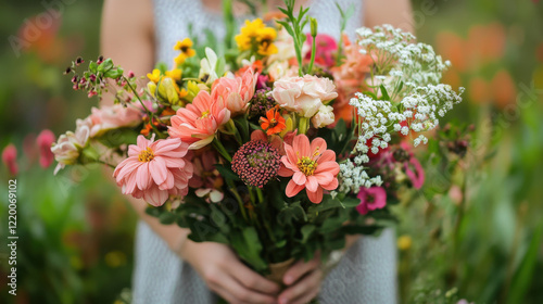 vibrant bouquet of mixed flowers held by person, showcasing colorful blooms like dahlias, zinnias, and wildflowers, set against lush garden background photo