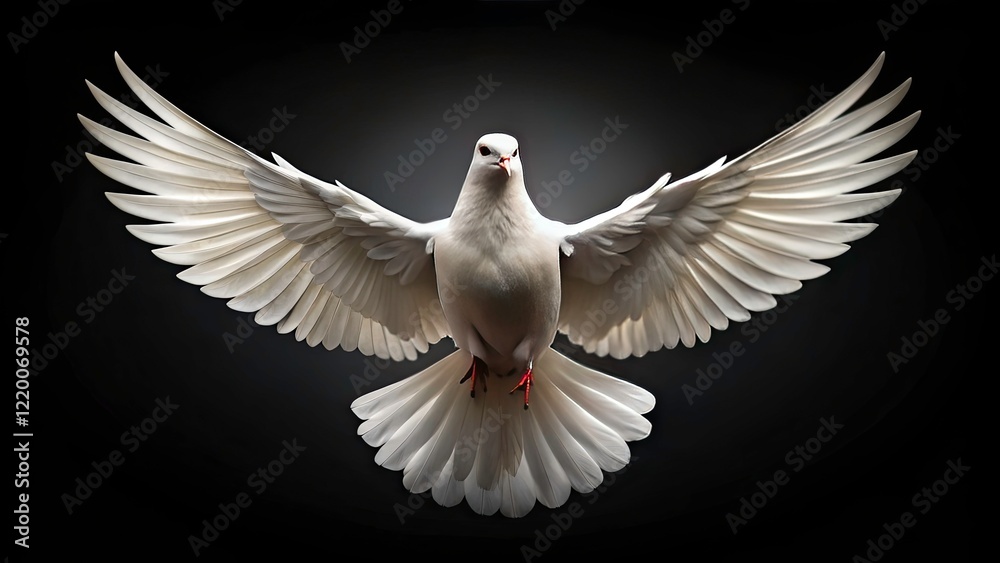 Obraz premium Symbolism of the Holy Spirit: White Dove with Open Wings on Black Background - Biblical and Christian Symbolism of Peace and Purity