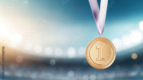 gold medal with number one on it, symbolizing victory and achievement, hangs from ribbon against blurred background of sports arena photo