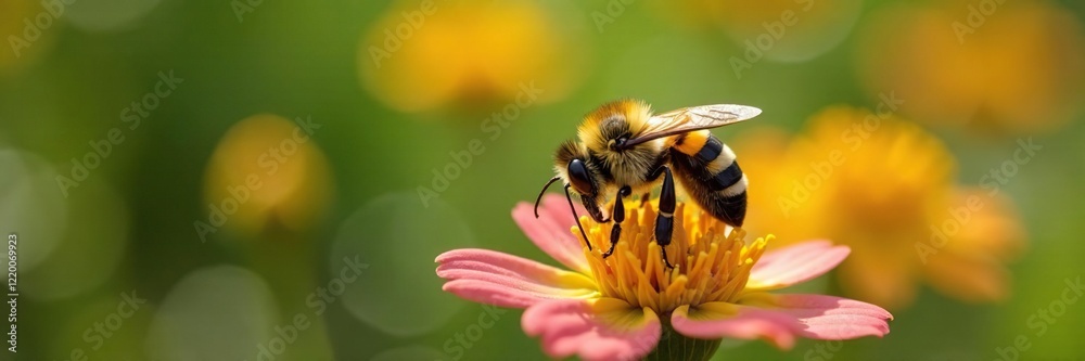 Black and yellow striped bee collecting nectar from a wildflower, pollinators, nature, flowers Black and yellow striped bee collecting nectar from a wildflower, pollinators, nature, flowers