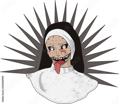 Crazy evil nun face horrifying expression with creepy eyes vector