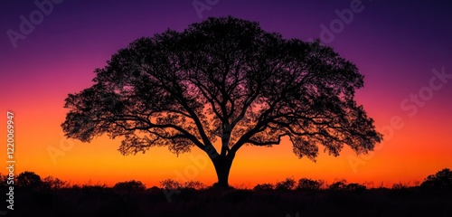 A majestic quiver tree silhouetted against the deepening colors of a twilight sky, with a gentle gradient from orange to purple. photo