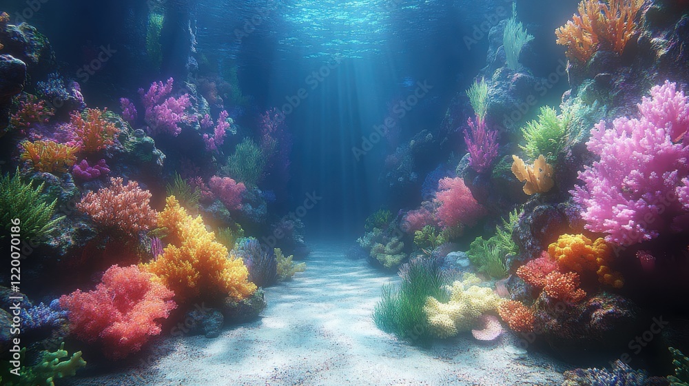 Naklejka premium Subaquatic Symphony: Hyper-Realistic Coral Reef with Ethereal Glow