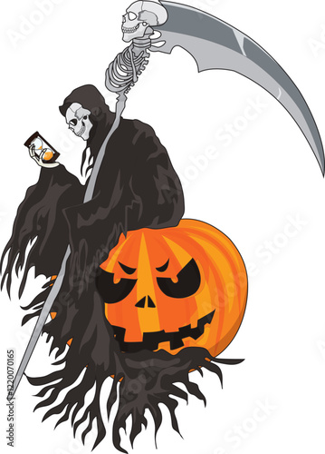 Grim reaper with hourglass and scythe waiting for the time