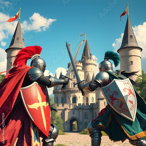 Knights dueling in front of a medieval European castle, atmosphere of determination, colorful armor and feathers, swords and shields. Generative AI. photo