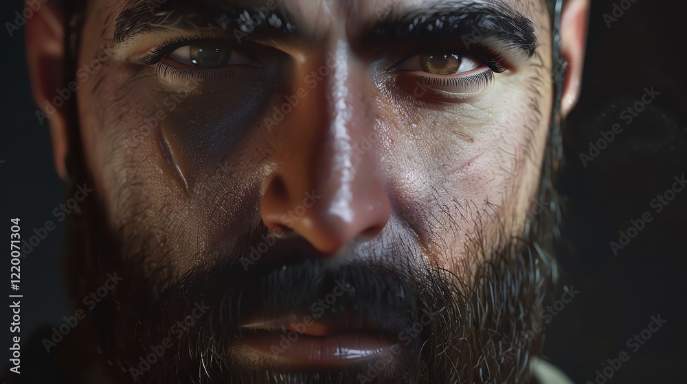 Obraz premium A close-up portrait of a man with a beard, scars, and intense eyes.