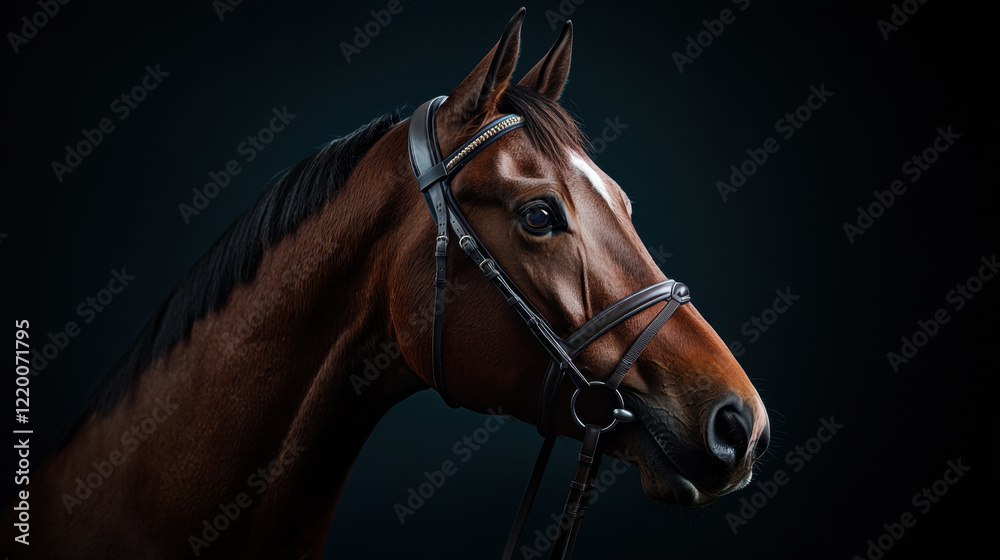 Obraz premium close up of brown horse with bridle, showcasing its elegant features and expressive eyes against dark background. image captures beauty and strength of animal