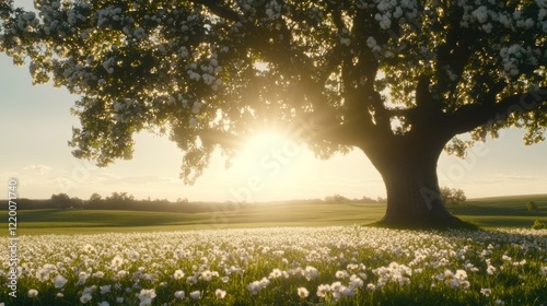 Wallpaper Mural Blossoming Tree in Sunlit Meadow of Daisies Torontodigital.ca