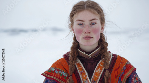 A tall Sami woman, with braided light brown hair stands confidently in her traditional Gákti dress. celebrating Sami National Day photo